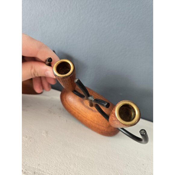 Danish Teak Candleholders Set of Two Luthje Denmark Modernist Brass Metal Wood - Picture 7 of 9